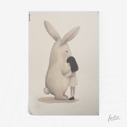 ilustração suave de menina abraçando coelho gigante em fundo neutro