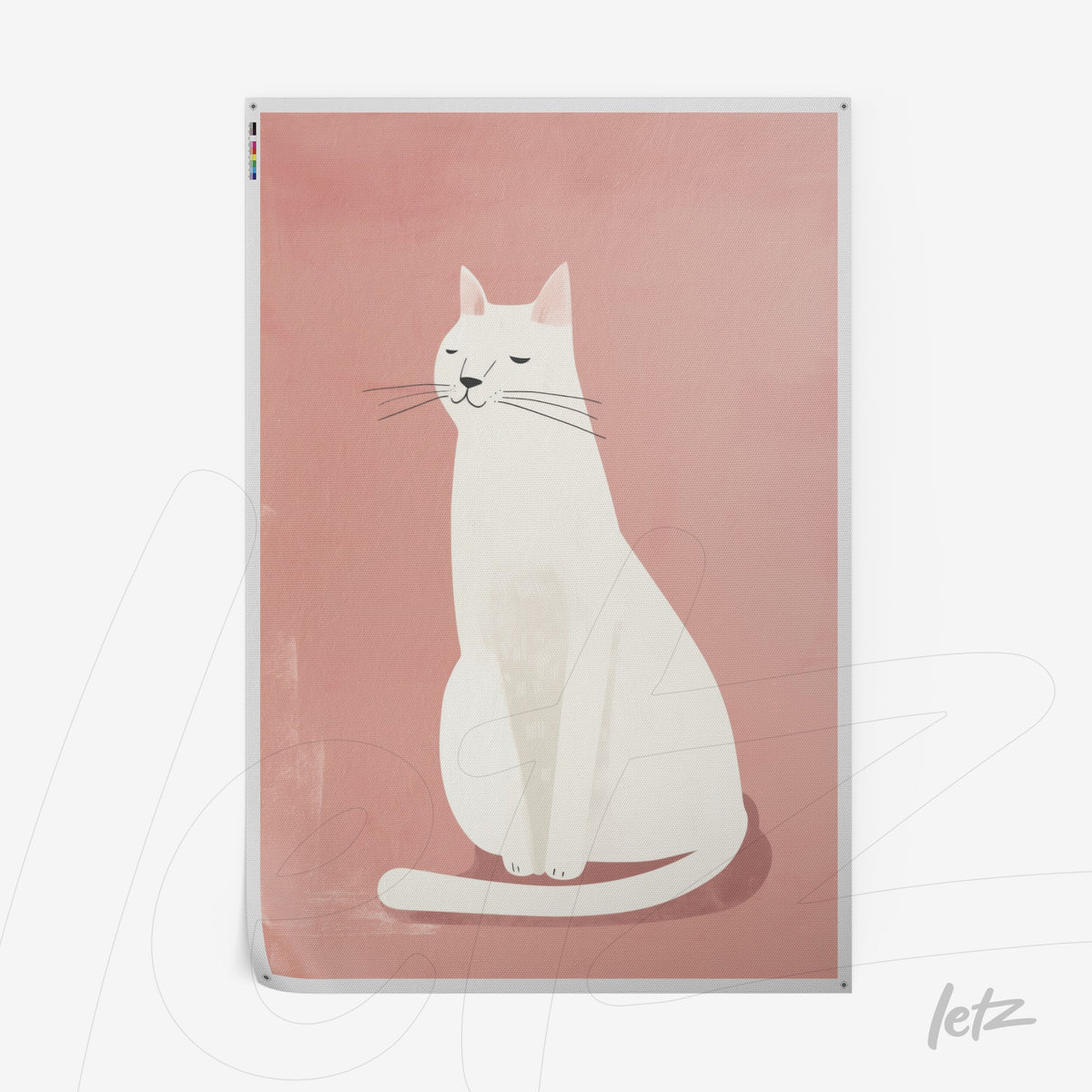 quadro com ilustração minimalista de gato branco sobre fundo rosa suave