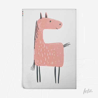 quadro com desenho estilizado de um cavalo rosa sobre fundo branco