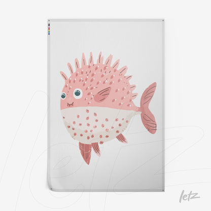 quadro com ilustração de peixe bolha cor-de-rosa com espinhos e olhos expressivos