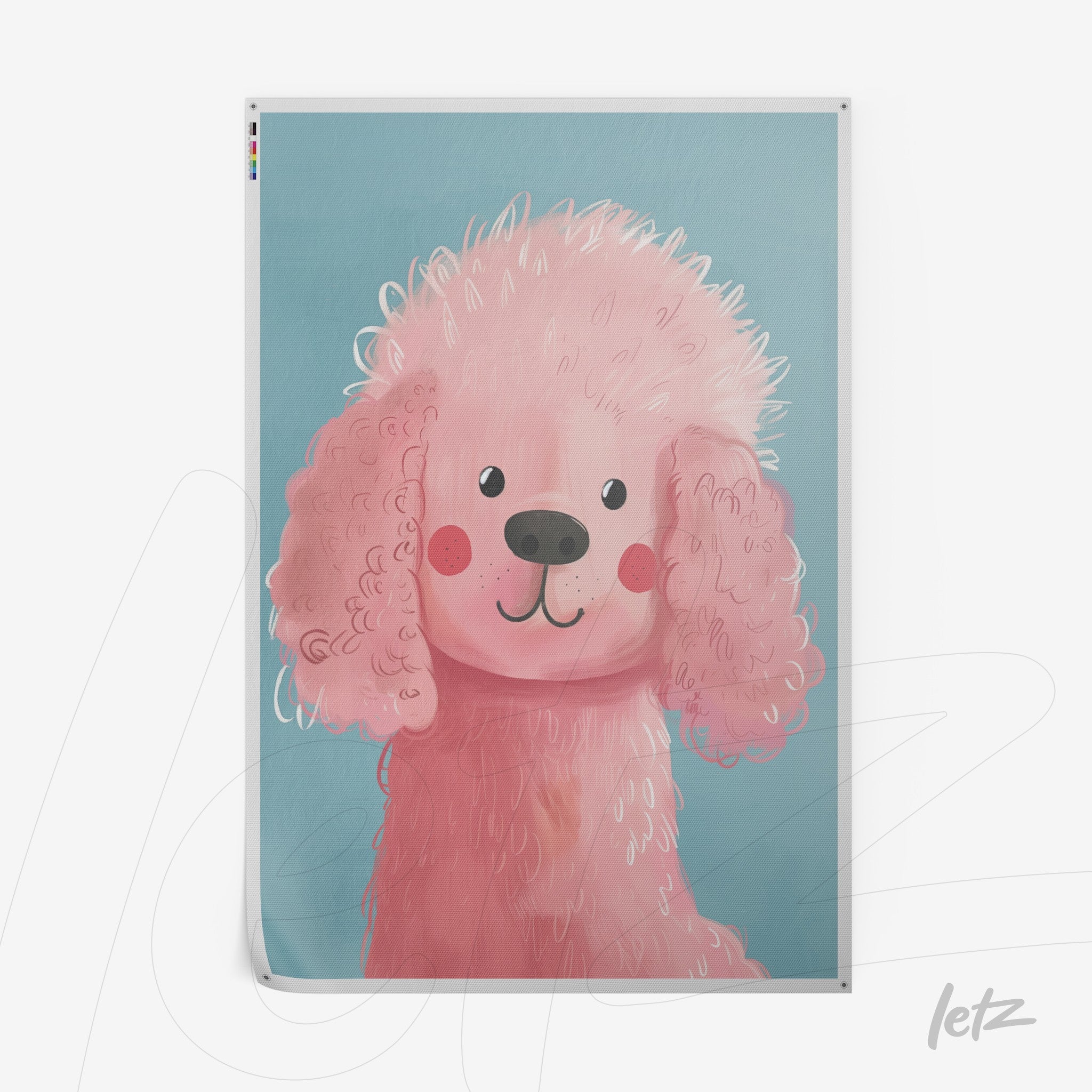 quadro com arte digital de um poodle rosa sorridente sobre fundo azul