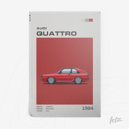 quadro com ilustração do carro Audi Quattro em fundo vermelho e informações detalhadas do modelo