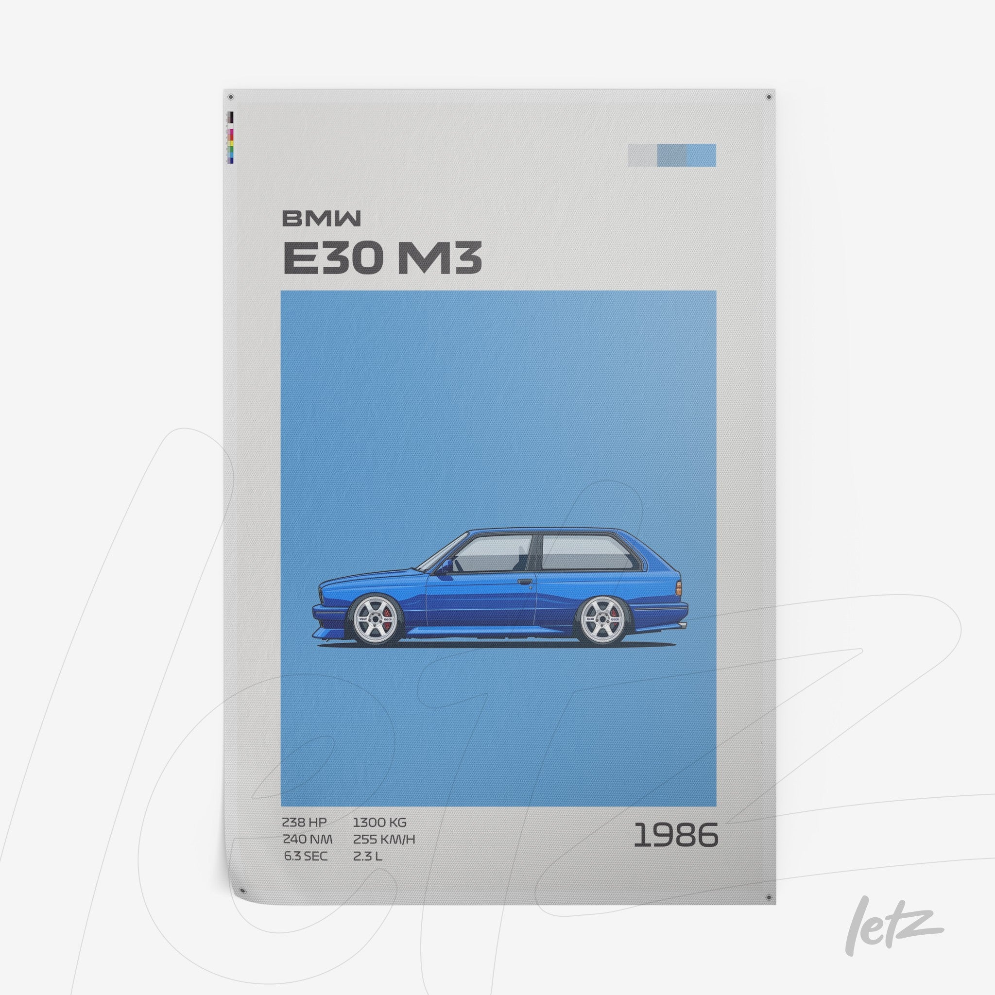 quadro em pôster impresso com ilustração digital do carro BMW E30 M3 em tom de azul sobre fundo claro