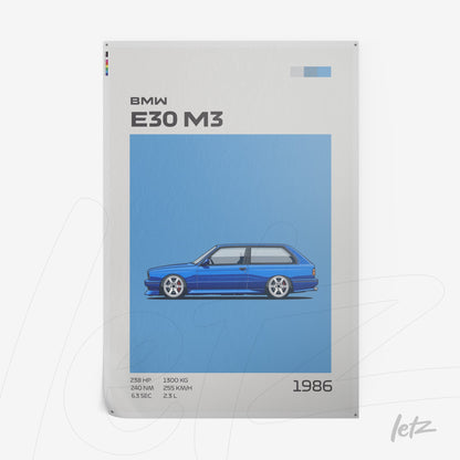 quadro em pôster impresso com ilustração digital do carro BMW E30 M3 em tom de azul sobre fundo claro