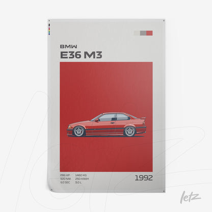 quadro com ilustração do BMW E36 M3 em fundo vermelho, destacando detalhes do carro em um estilo gráfico moderno