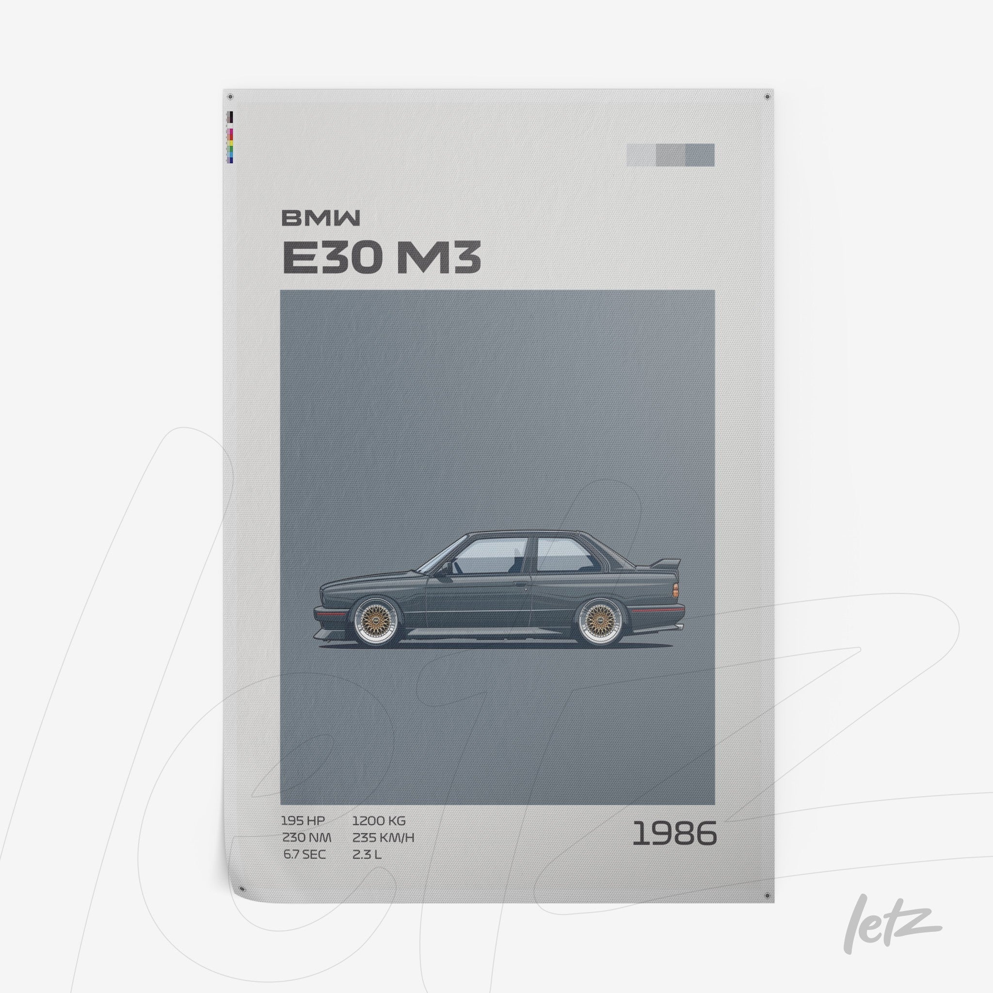 ilustração digital de um BMW E30 M3 em estilo minimalista com fundo claro e informações do modelo em texto