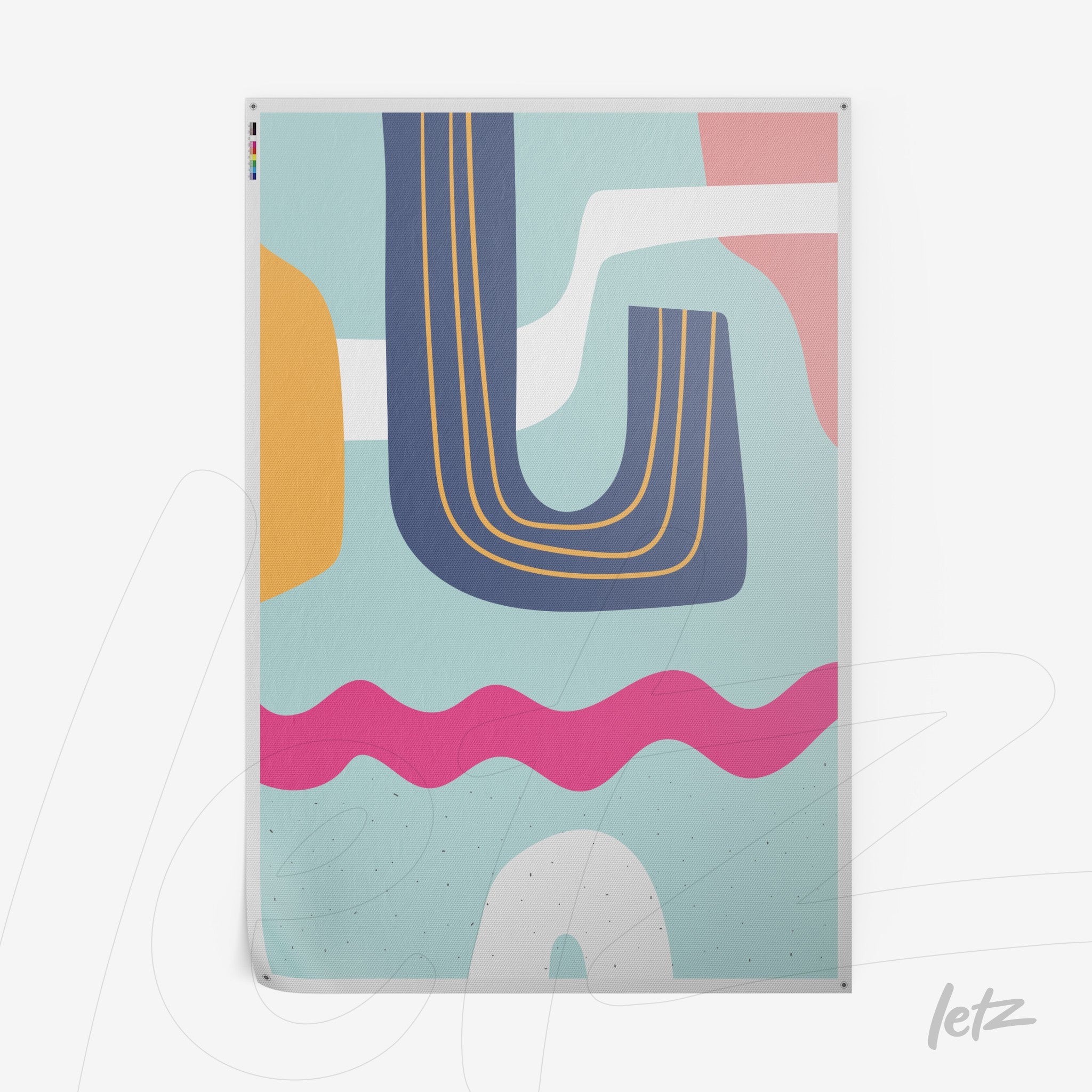 ```json
{
  "alt": "impressão em canvas com design abstrato boho, cores modernas e formas geométricas em tons de azul, rosa, amarelo e branco",
  "alt_en": "canvas print featuring abstract boho design with modern colors and geometric shapes in blue, pink, yellow, and white tones"
}
```