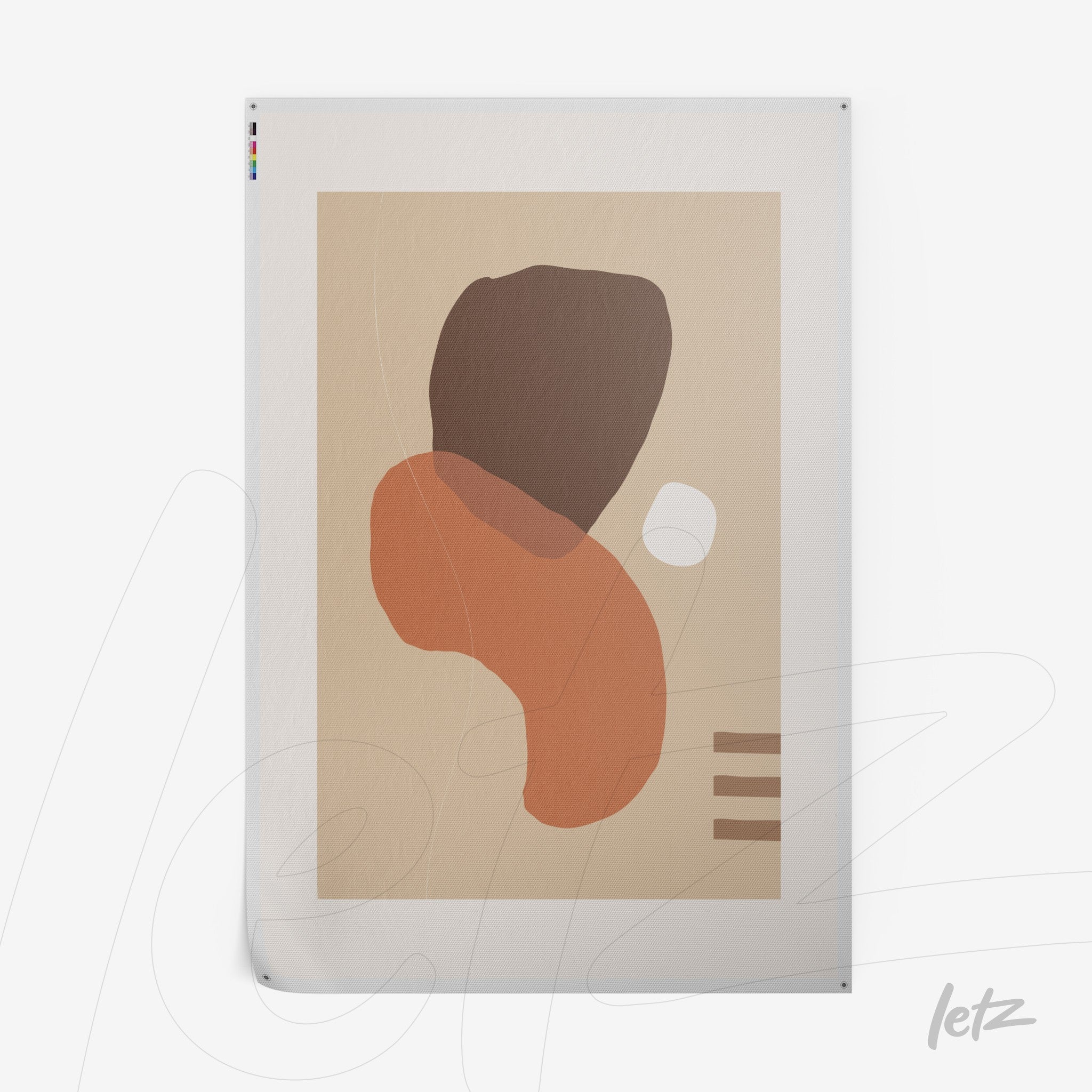 tela em canvas com arte abstrata de formas orgânicas em tons terrosos e neutro