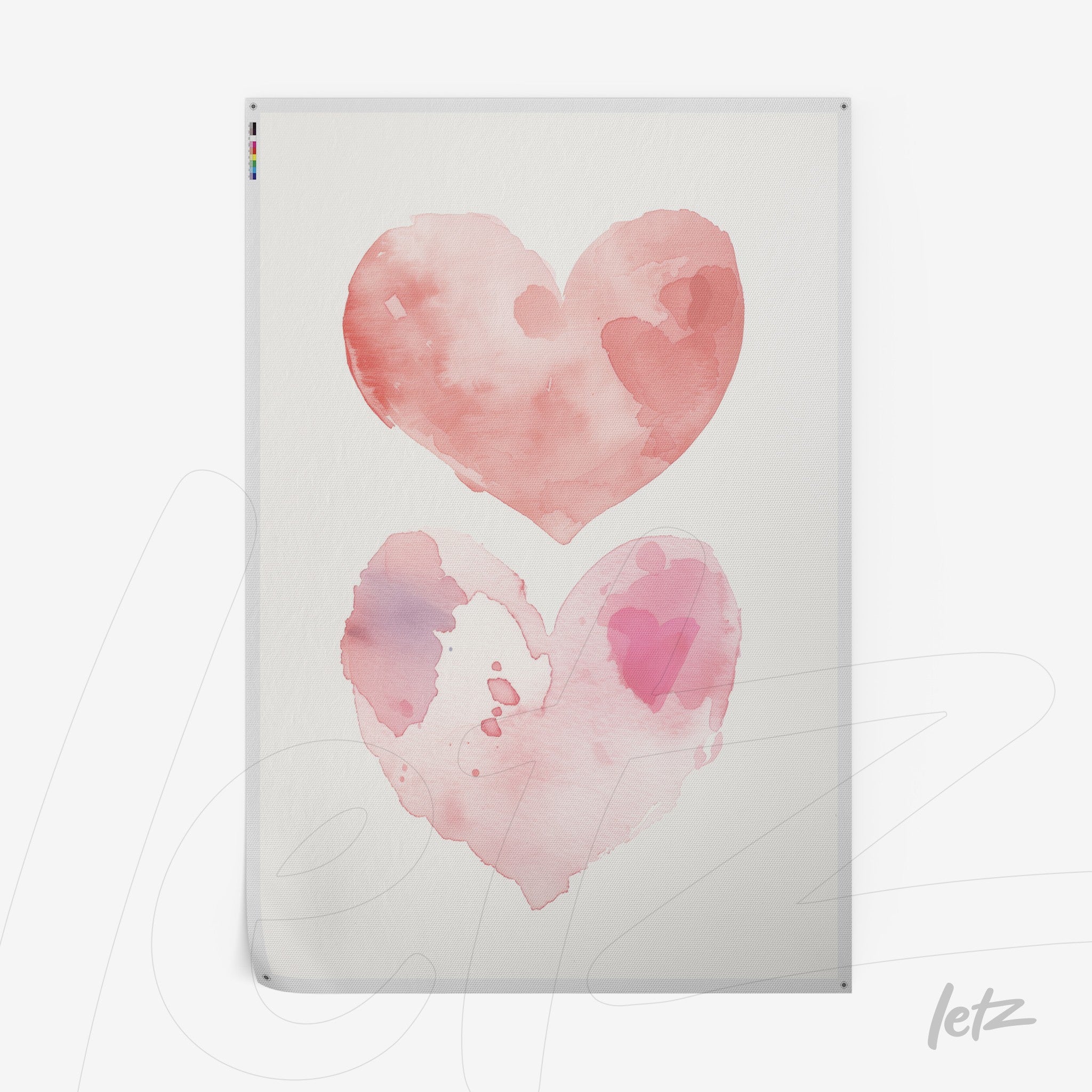 quadro com ilustração aquarelada de dois corações em tons de rosa com fundo claro