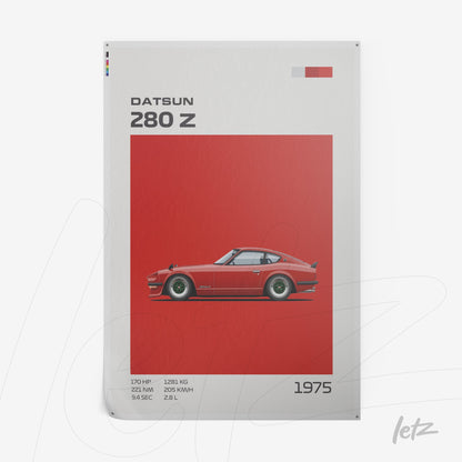 quadro com arte digital do carro Datsun 280 Z em fundo vermelho com marcações estilizadas
