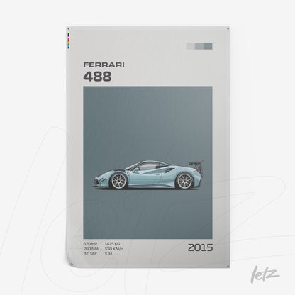 quadro com arte digital de um carro esportivo Ferrari 488 em fundo azul claro e detalhes em cinza, exibindo especificações técnicas do modelo