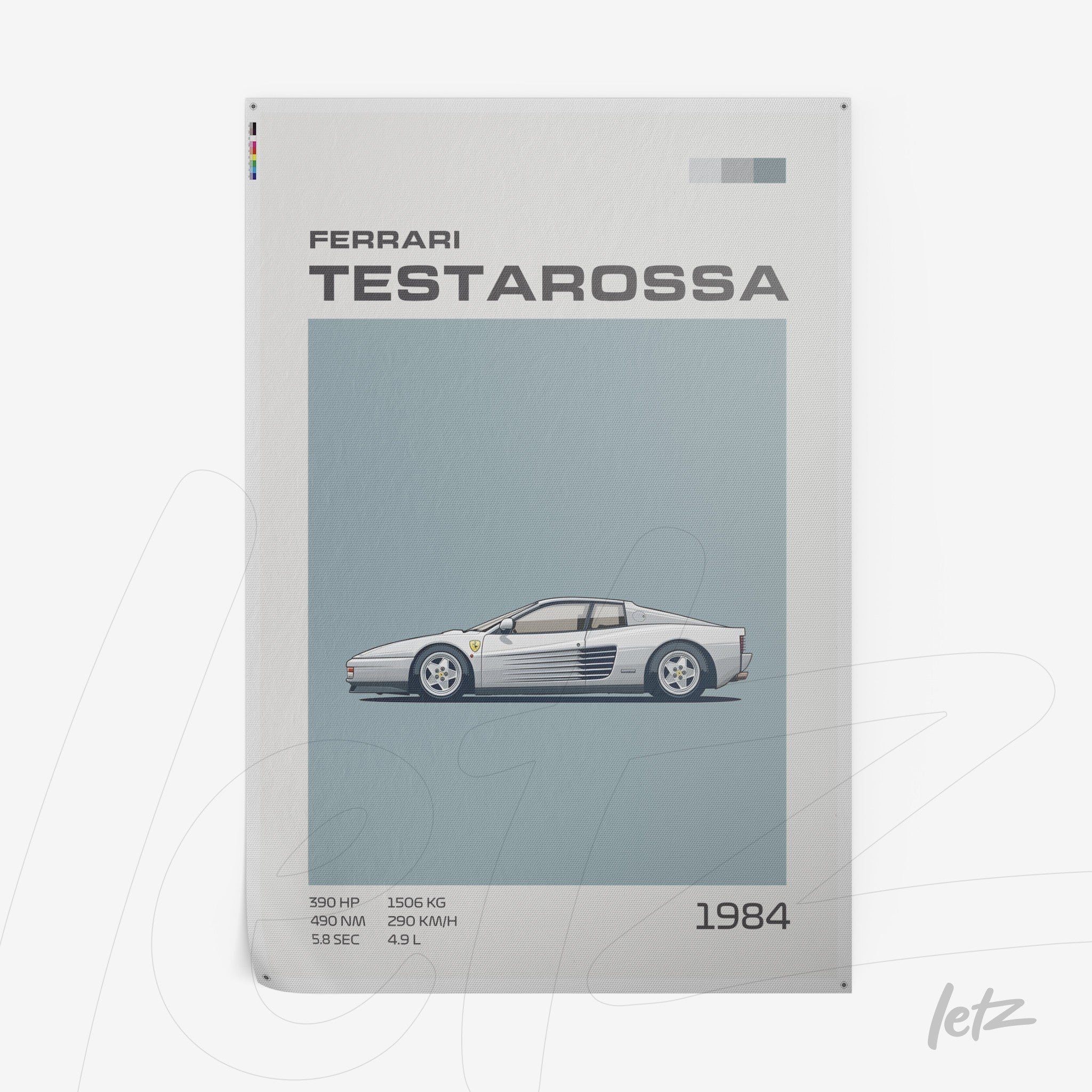 quadro em estilo vintage com ilustração da Ferrari Testarossa em fundo azul claro