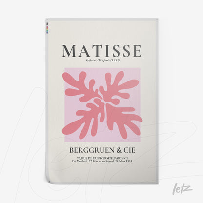 quadro com arte moderna em estilo aquarelado, destacando formas orgânicas em tons de rosa, sobre fundo pastel com o nome 'Matisse' e detalhes em fonte clássica