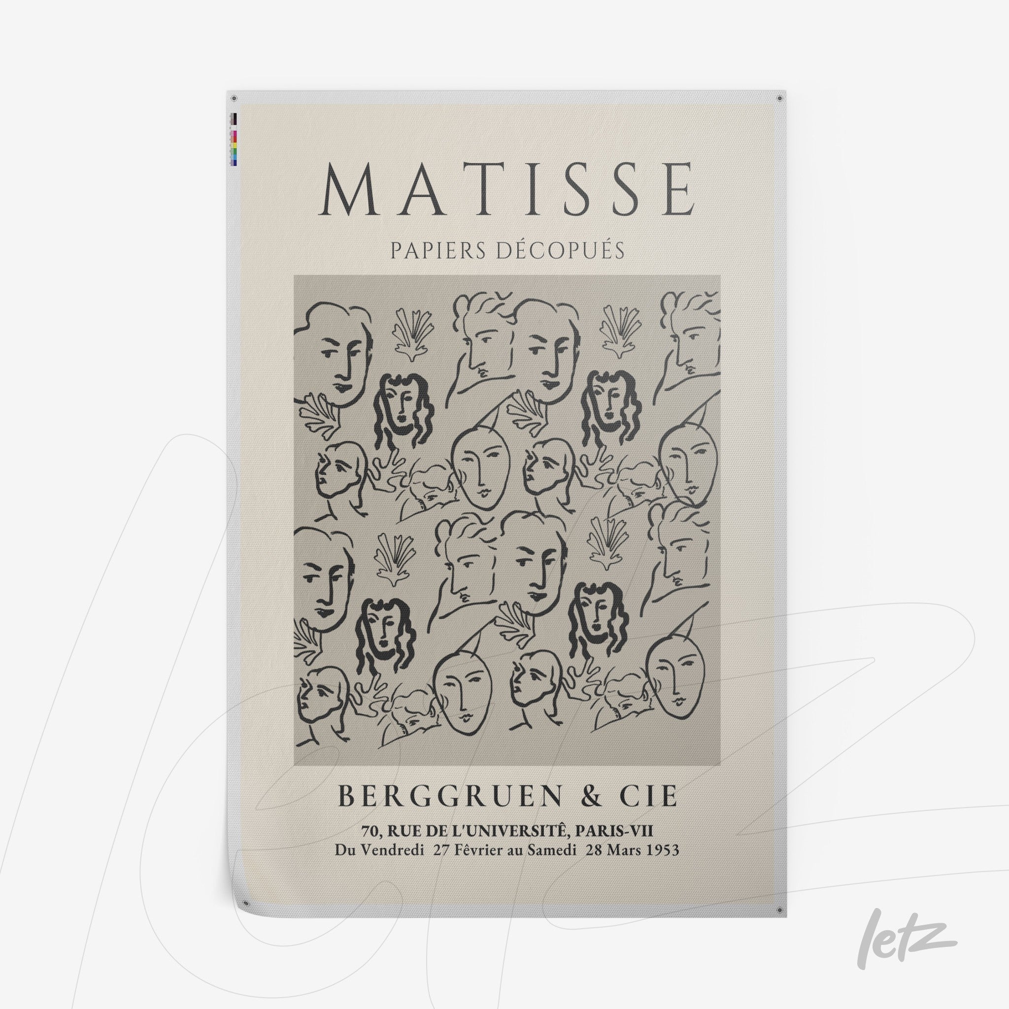 pôster com arte em estilo collage de rostos estilizados em fundo claro, detalhes de folhas e texto em tipografia clássica