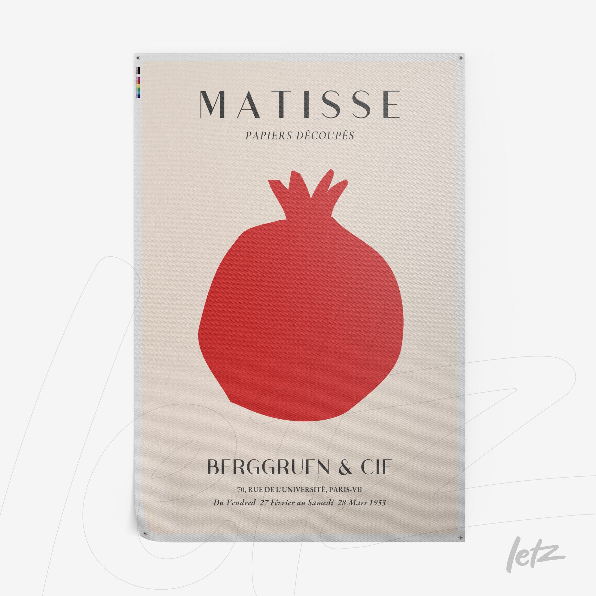 pôster com arte minimalista de uma romã em vermelho sobre fundo claro, nome de Matisse em destaque