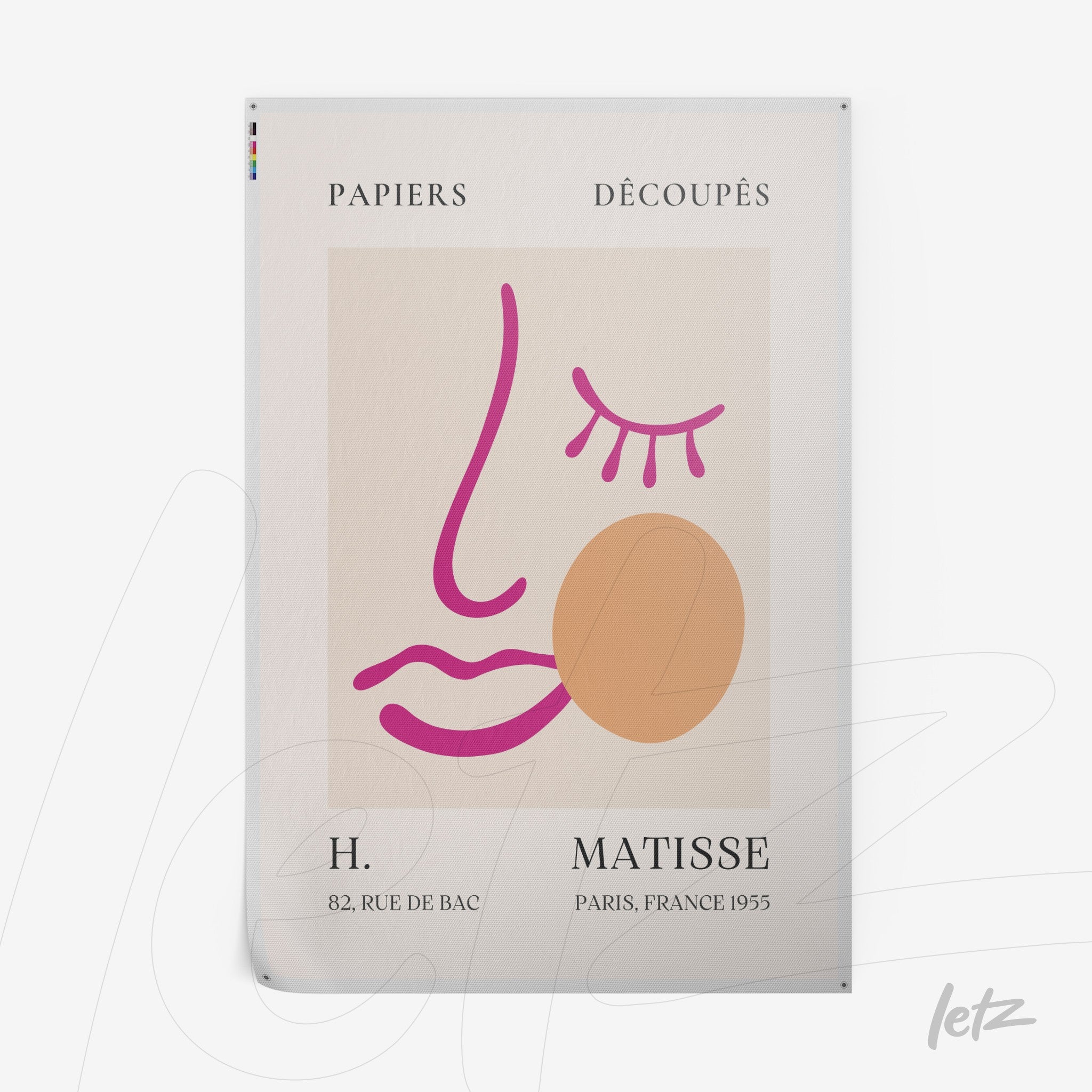 quadro com arte de linhas minimalistas em fundo claro, apresentando rosto estilizado rosa e laranja com detalhes em francês