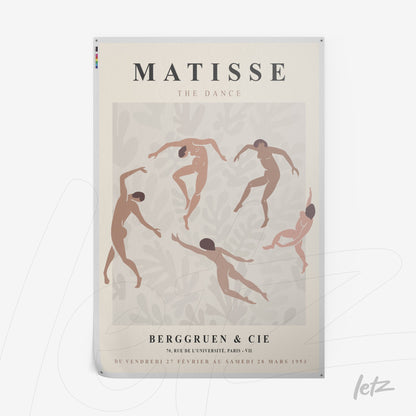 quadro em estilo vintage com ilustrações de dança de figuras humanas sobre fundo claro, moldura branca