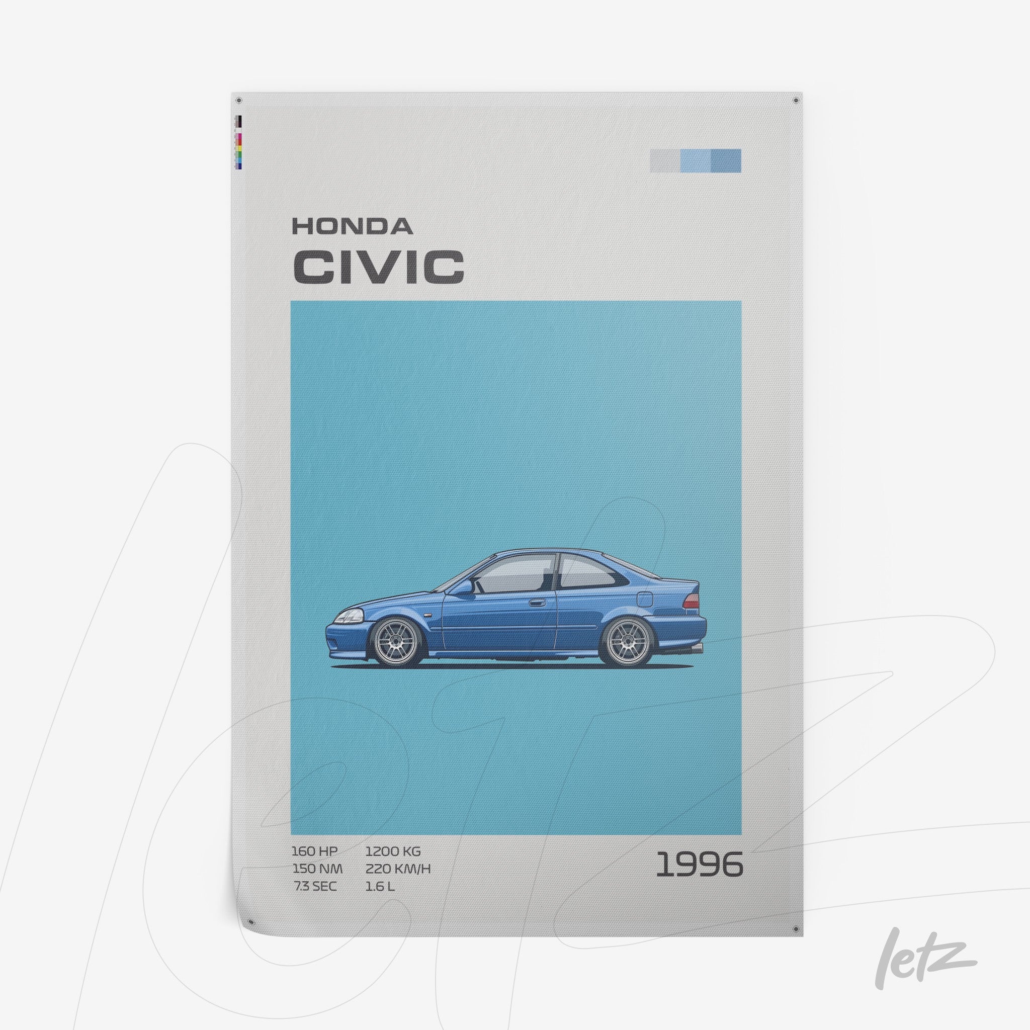 pôster com ilustração do carro Honda Civic 1996 em fundo azul claro