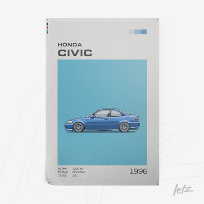 pôster com ilustração do carro Honda Civic 1996 em fundo azul claro