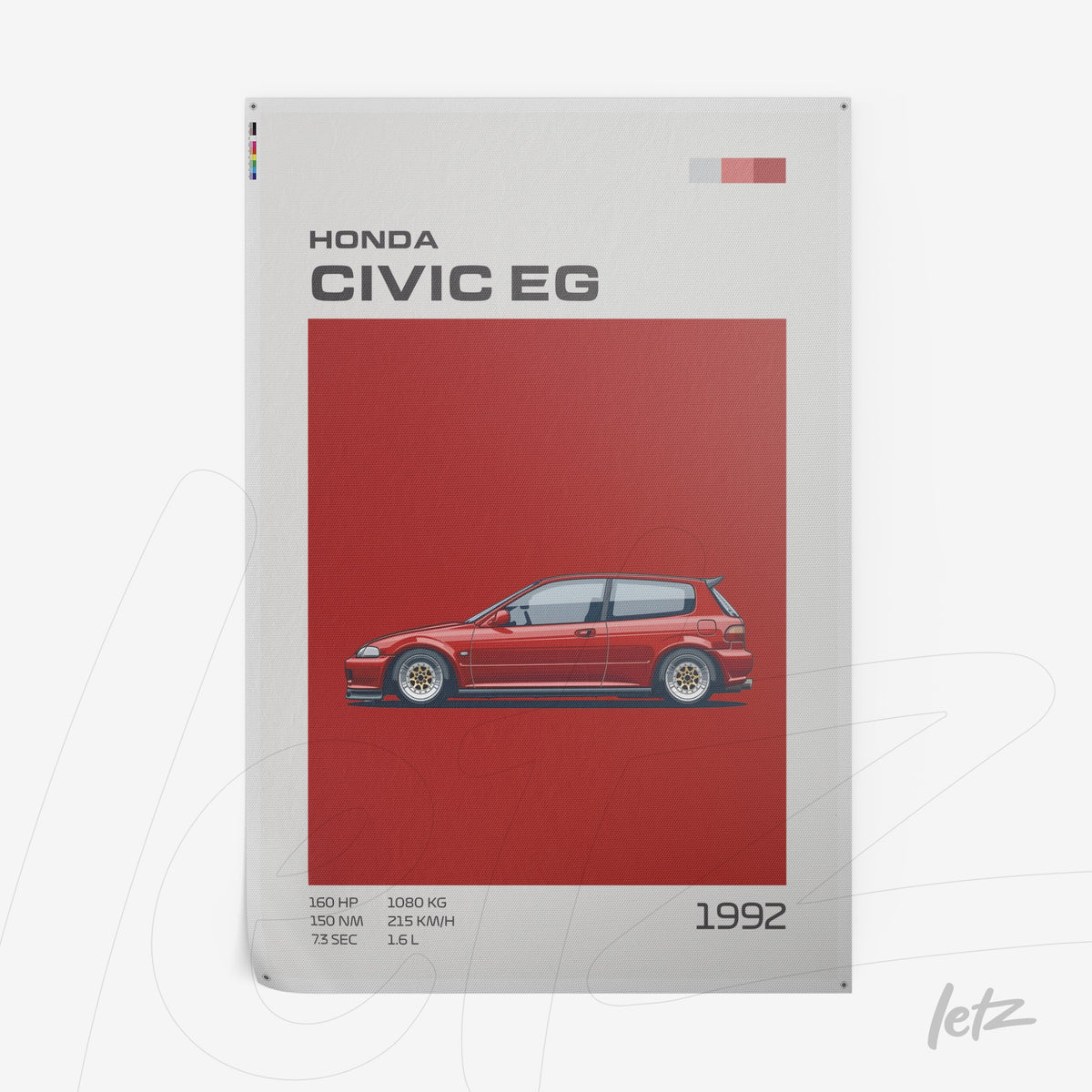 quadro com ilustração do carro Honda Civic EG de 1992 em fundo vermelho vibrante com detalhes técnicos