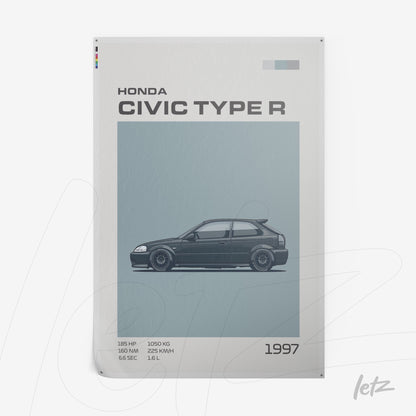 quadro com ilustração do Honda Civic Type R de 1997 em fundo azul claro, destacando detalhes técnicos como potência e peso