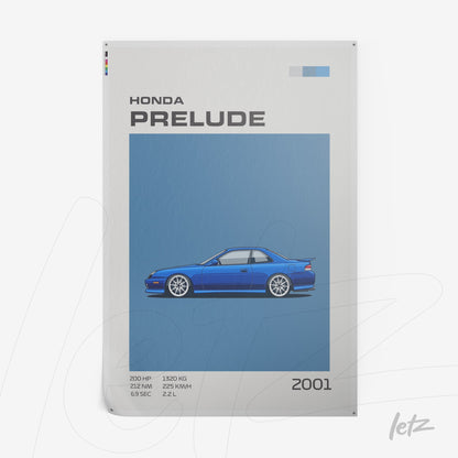 quadro com ilustração estilizada do carro Honda Prelude de 2001 em fundo azul