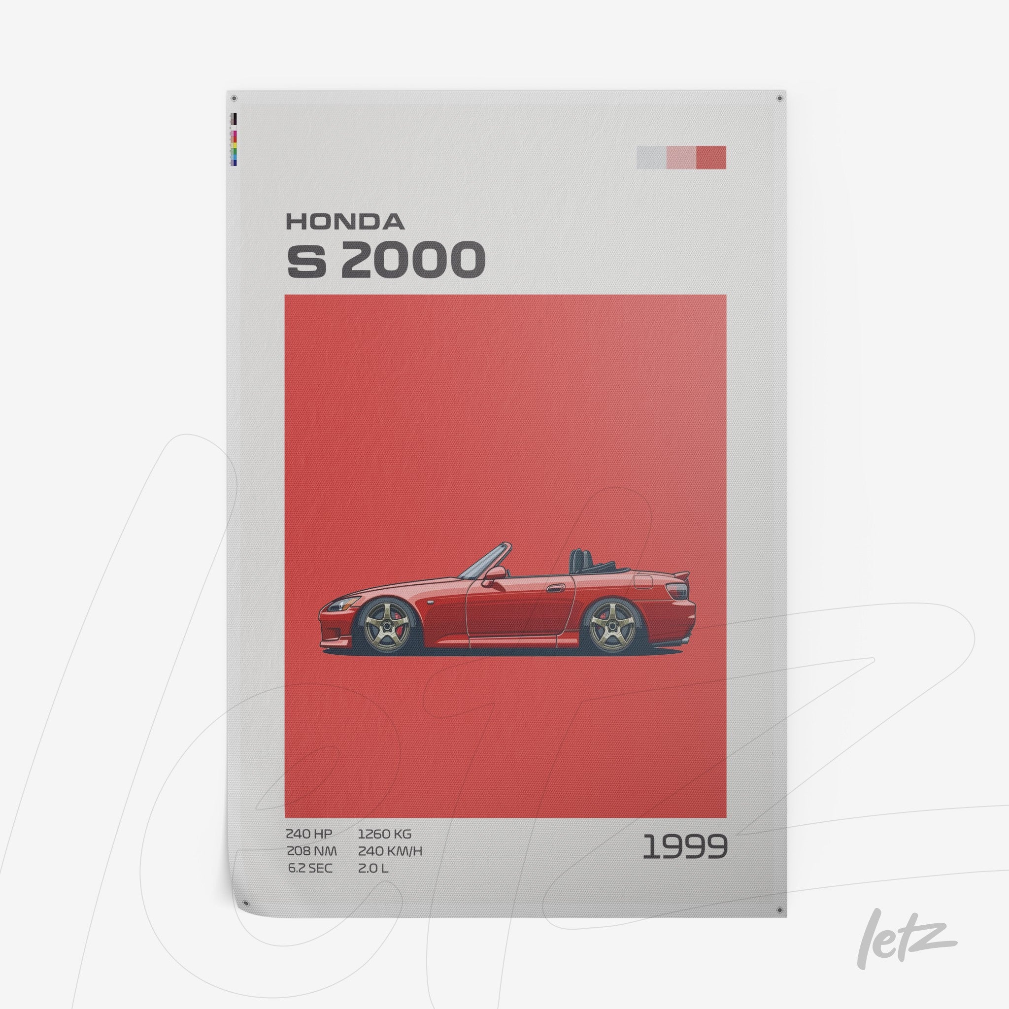 quadro decorativo com ilustração de carro Honda S2000 vermelho em fundo vermelho vibrante