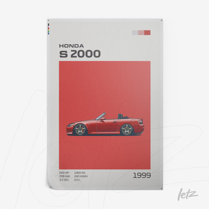 quadro decorativo com ilustração de carro Honda S2000 vermelho em fundo vermelho vibrante