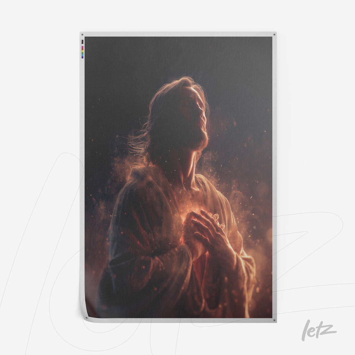 quadro com arte religiosa de figura masculina em posse de luz brilhante com fundo escuro