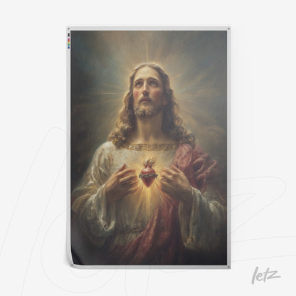 quadro com arte religiosa retratando Jesus Cristo em moldura simples com fundo iluminado