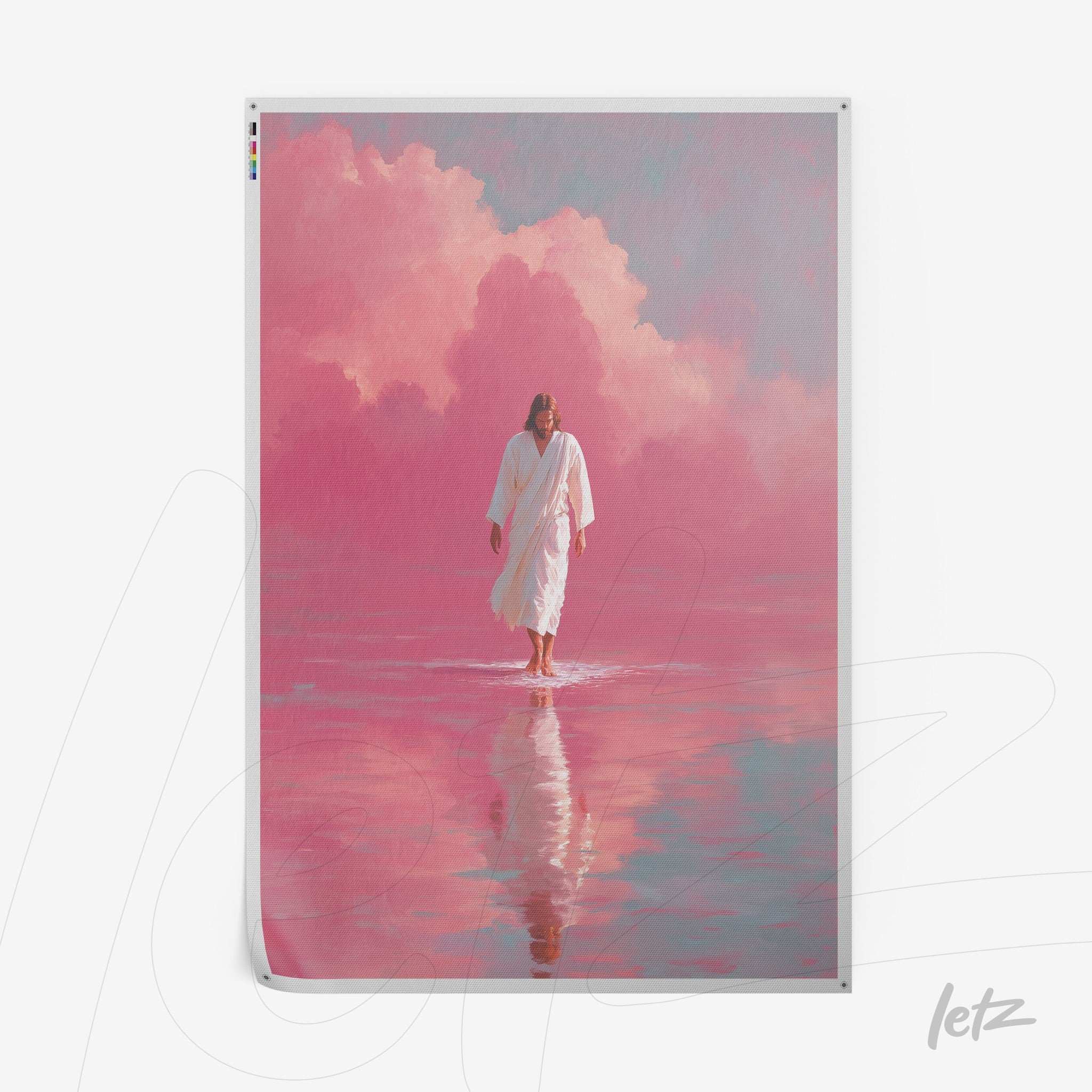 quadro com arte digital de figura em túnica branca caminhando sobre água refletindo nuvens rosa