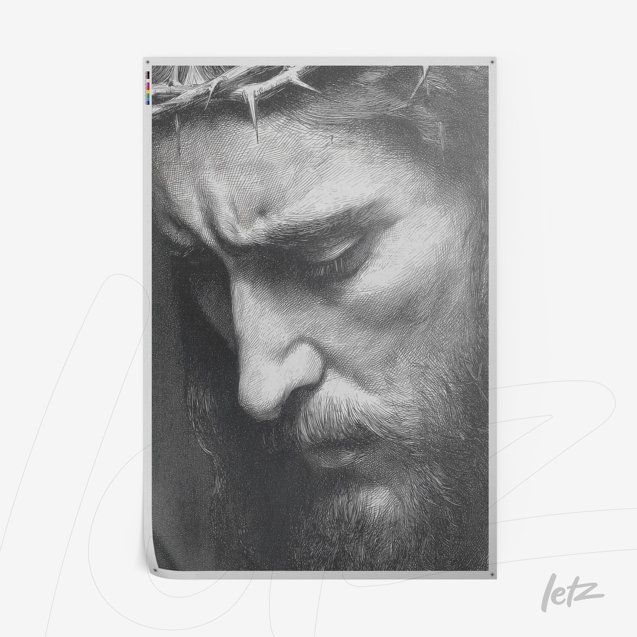 quadro em preto e branco com retrato detalhado de uma figura masculina em contemplação, com coro de espinhos