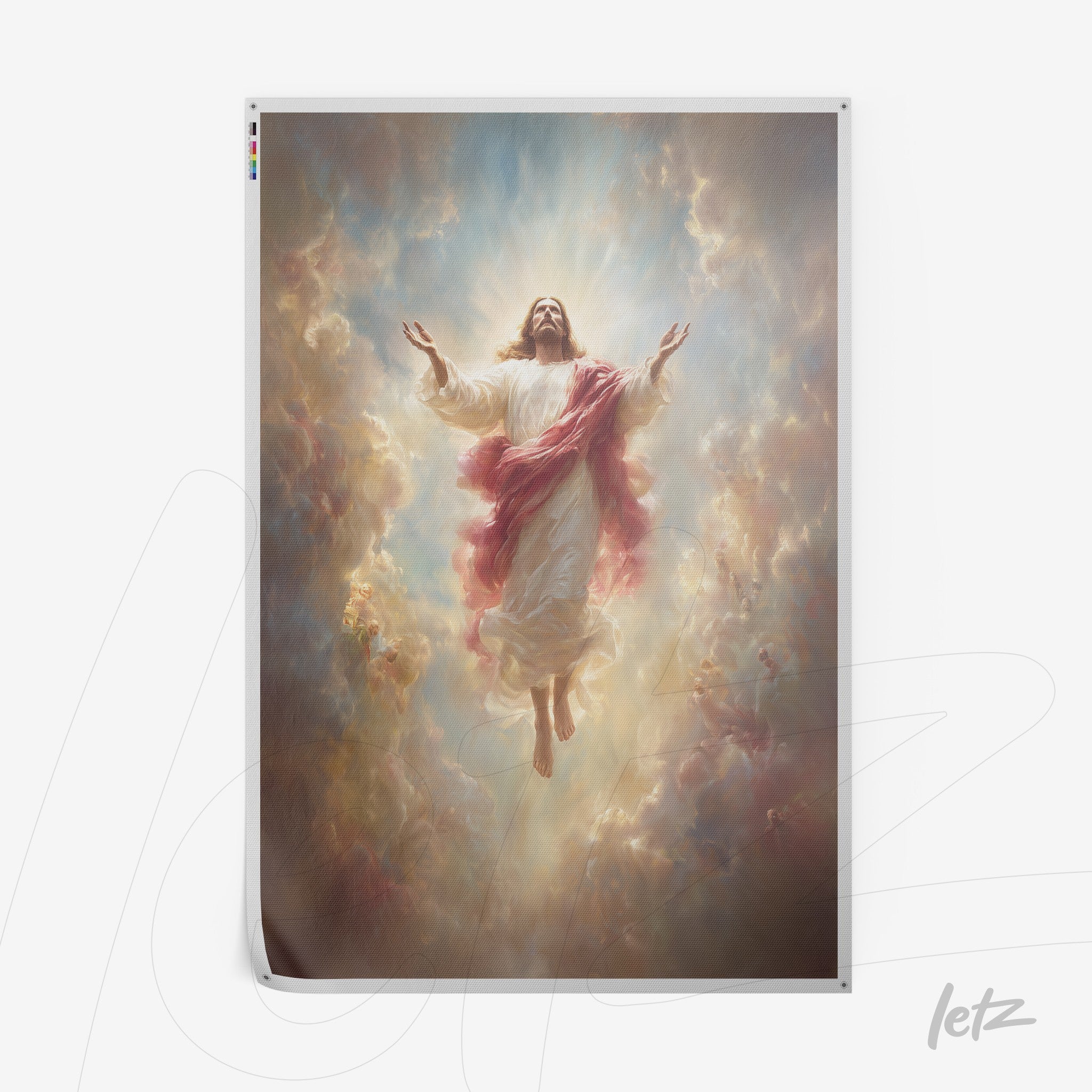 quadro com arte sacra de Jesus Cristo em ascensão, com nuvens e luz celestial ao fundo