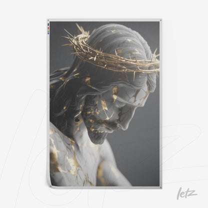 quadro com arte digital de escultura de Cristo com detalhes em dourado sobre fundo cinza