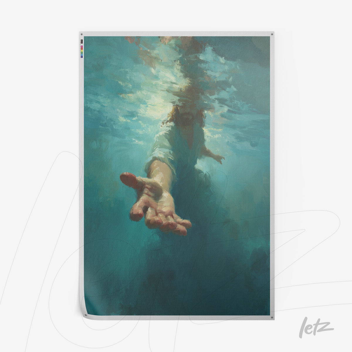 quadro com arte digital de figura humana submersa em água em tom azul profundo