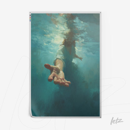 quadro com arte digital de figura humana submersa em água em tom azul profundo
