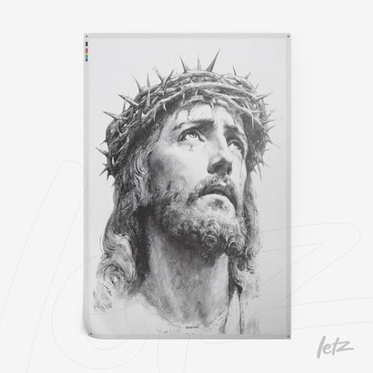quadro em estilo clássico com retrato de Jesus Cristo usando coroa de espinhos em tons de cinza e fundo branco