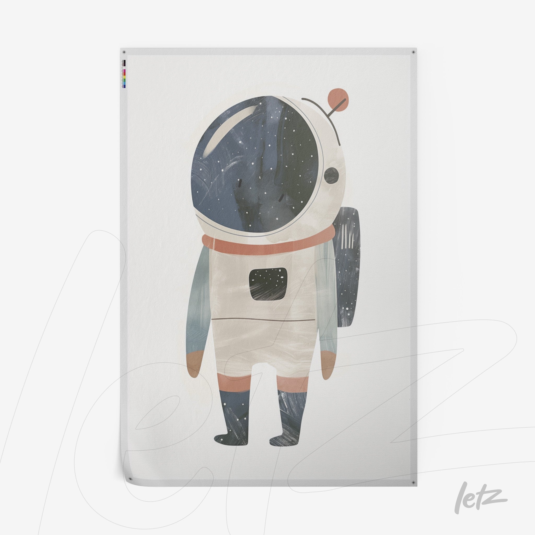 quadro com ilustração de astronauta estilizado em cores suaves, fundo claro e detalhes espaciais