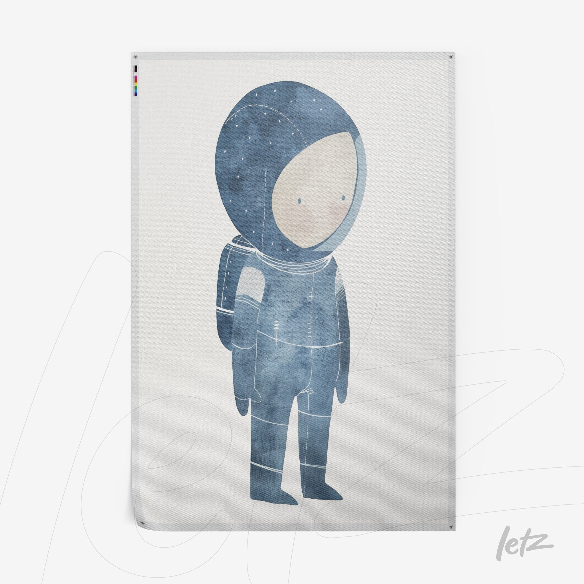 ilustração infantil de astronauta com detalhes em azul e fundo claro
