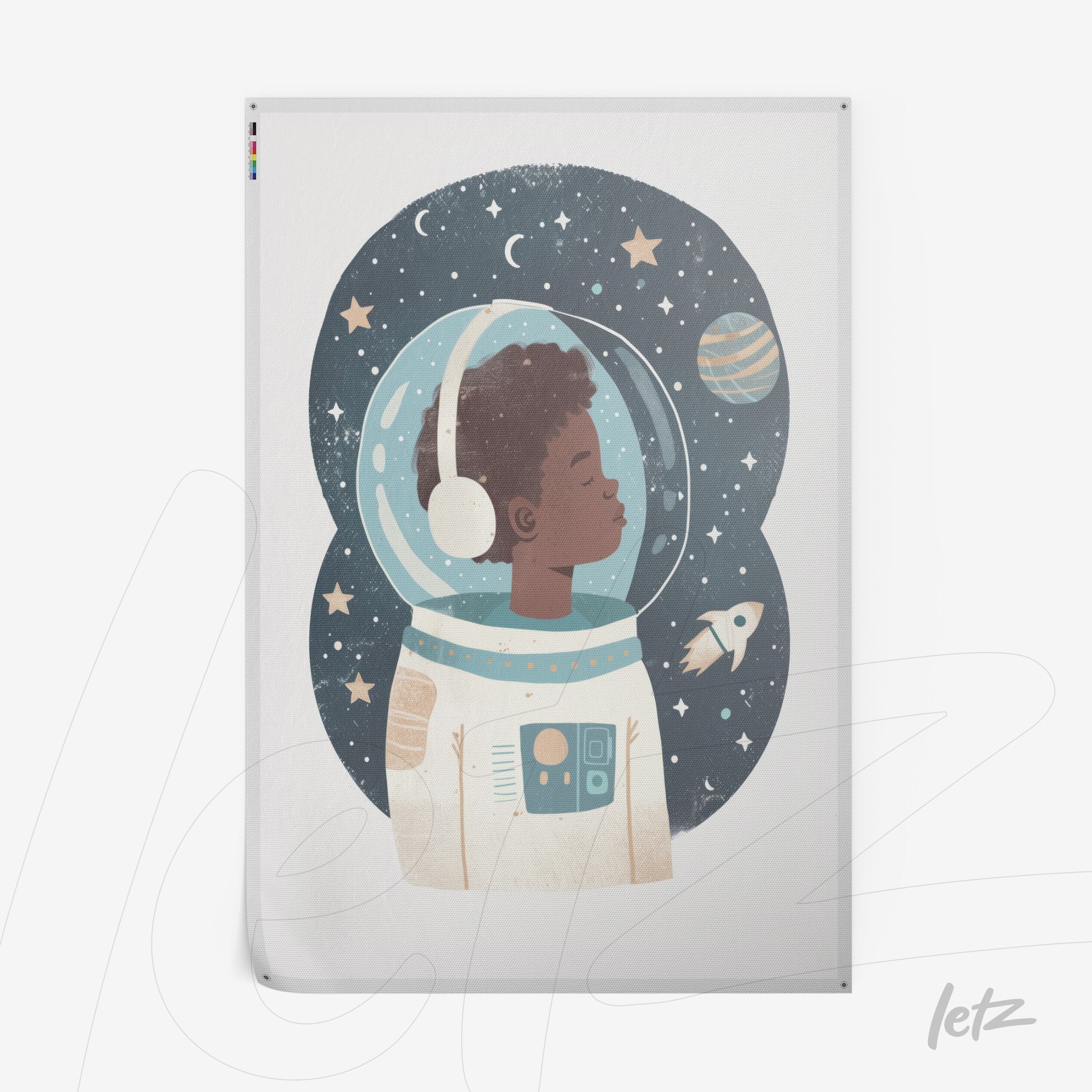 quadro com ilustração de um garoto astronauta em traje espacial com fundo de estrelas e planeta