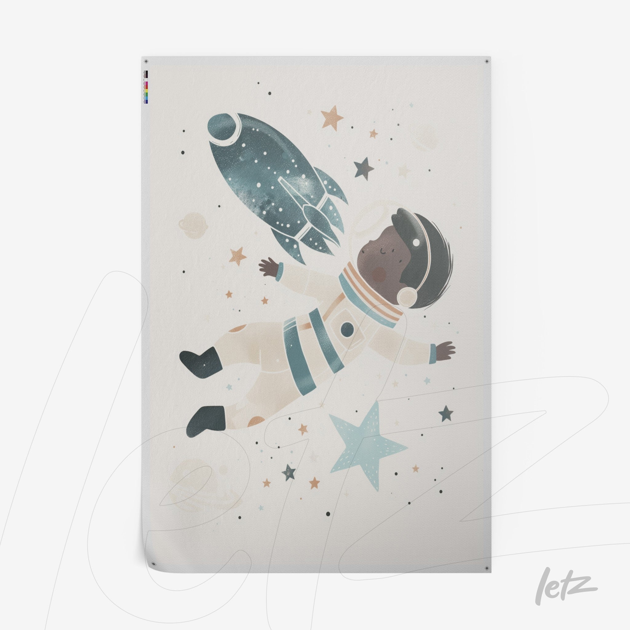 quadro com ilustração de astronauta negro flutuando no espaço cercado por estrelas e uma espaçonave