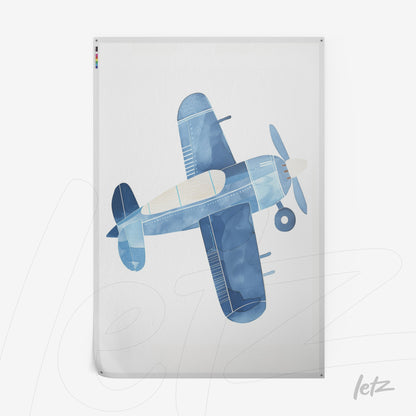 quadro com ilustração de avião estilizado em tons de azul com fundo branco