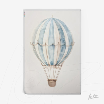 quadro com ilustração de balão de ar quente em tons de azul e branco sobre fundo claro