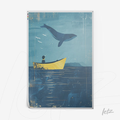 arte digital com ilustração de uma pessoa em um barco amarelo com uma baleia saltando sobre o mar azul