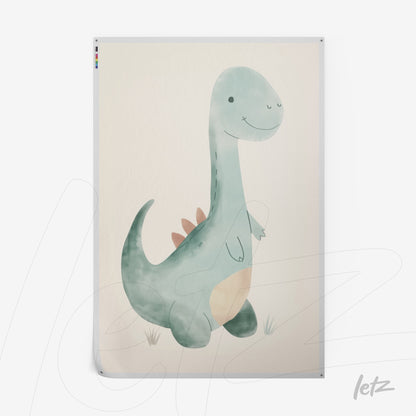 quadro com ilustração de um dinossauro fofo em tons de azul e verde com fundo claro