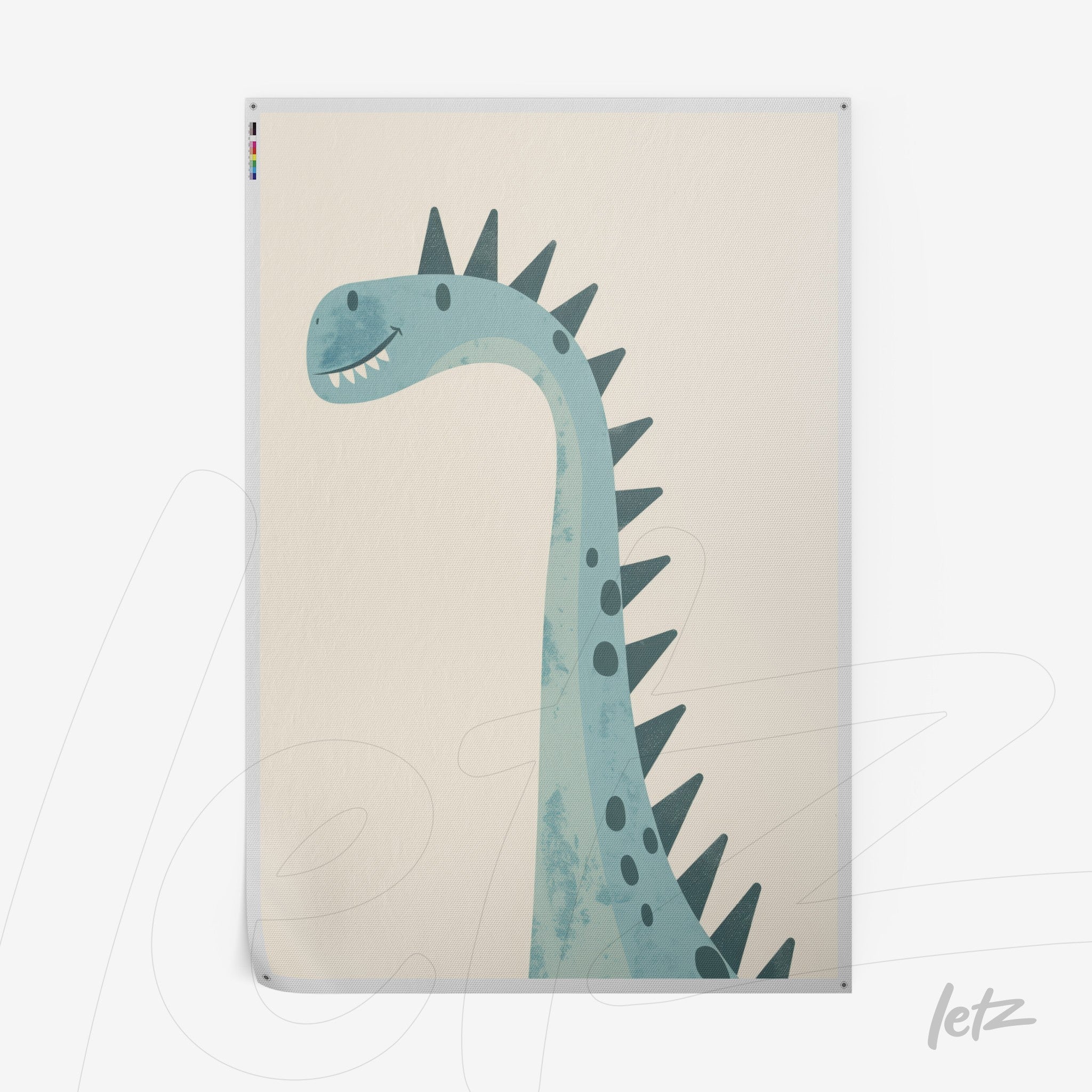 quadro com ilustração de um dinossauro de pescoço longo em estilo infantil, com fundo claro e textura suave