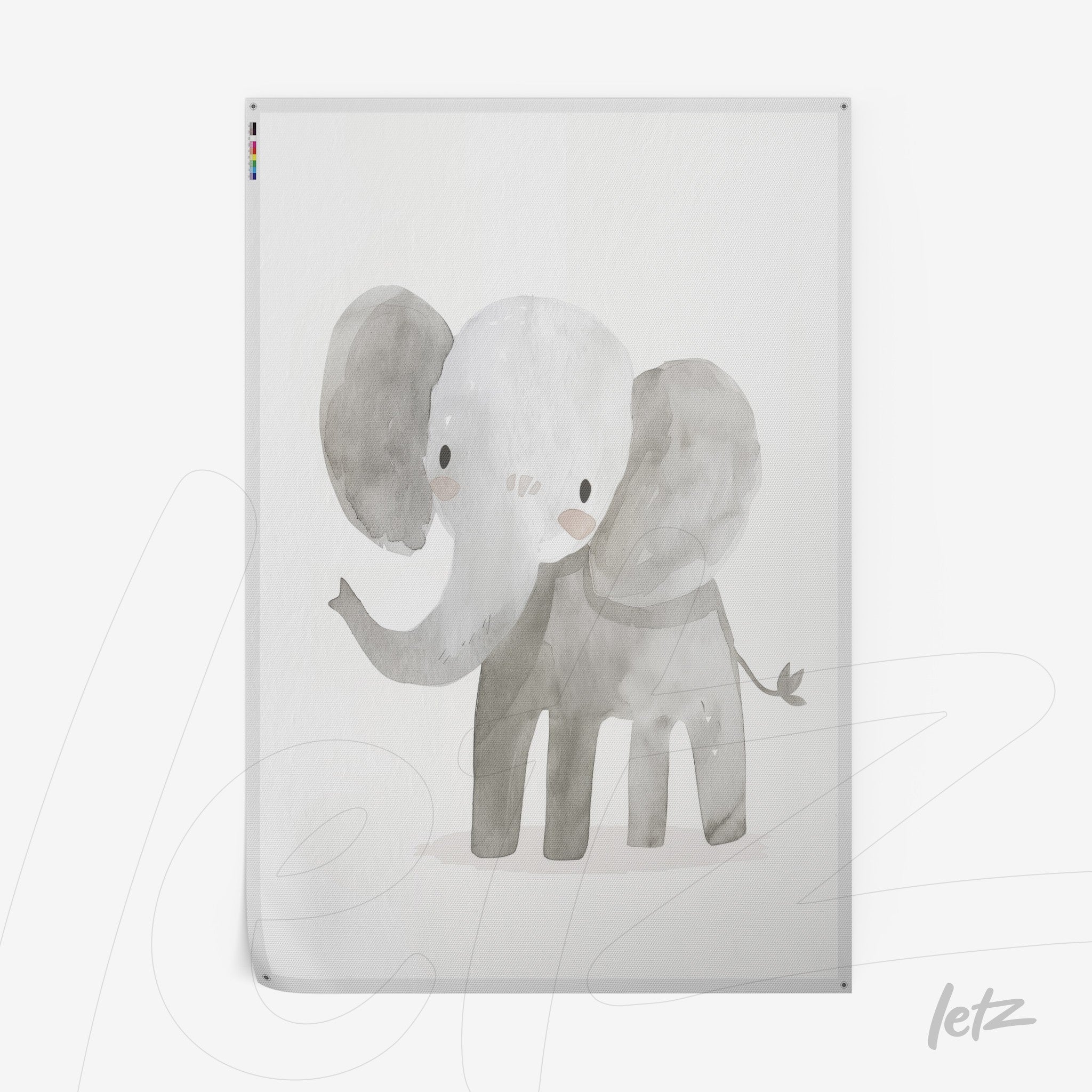 ilustração suave de um elefante com traços simples e cores em tons de cinza e branco
