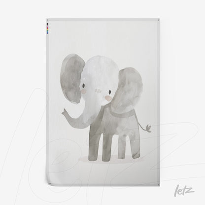 ilustração suave de um elefante com traços simples e cores em tons de cinza e branco