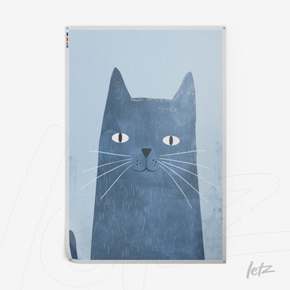 quadro com ilustração de gato azul em fundo claro com textura suave