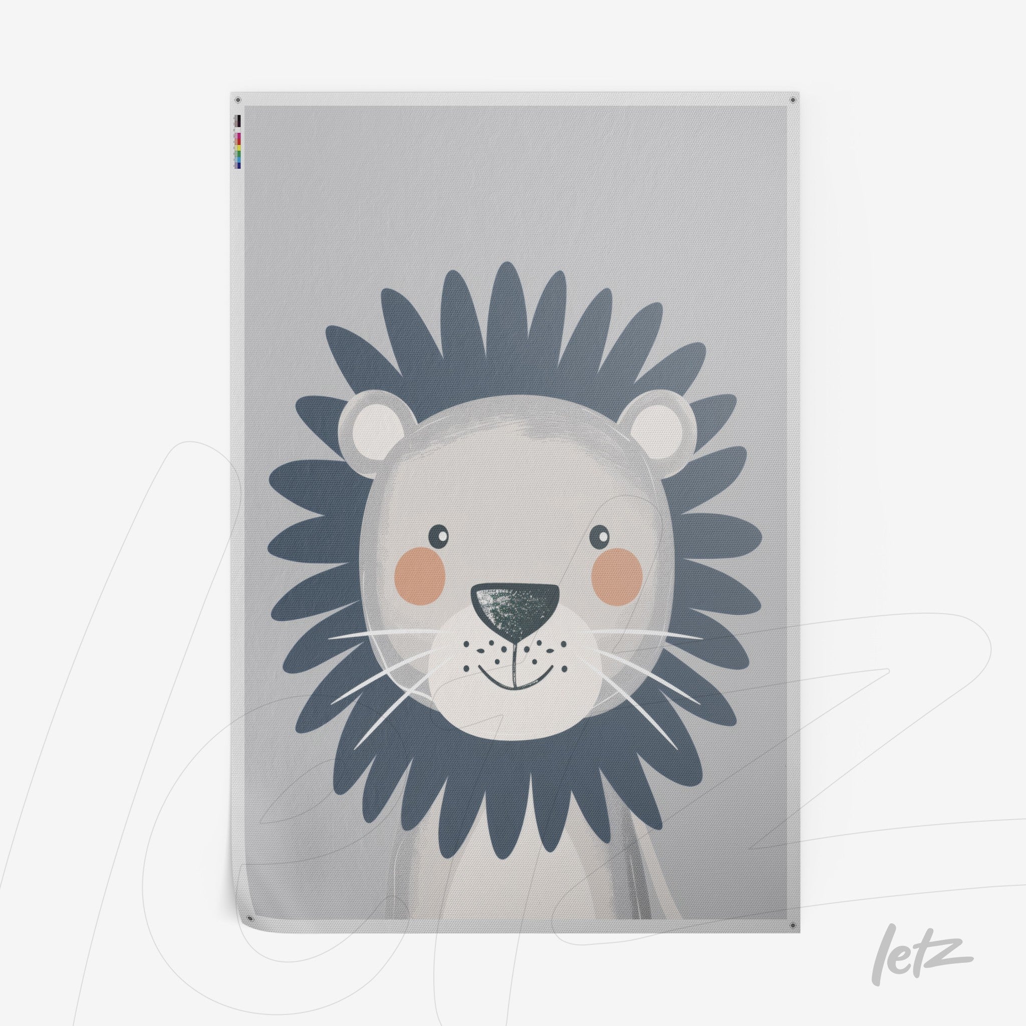 arte de um leão com traços infantis em fundo cinza claro